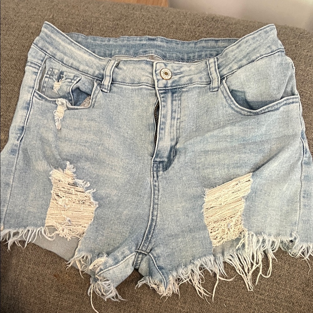 Distressed Light Blue Denim Shorts